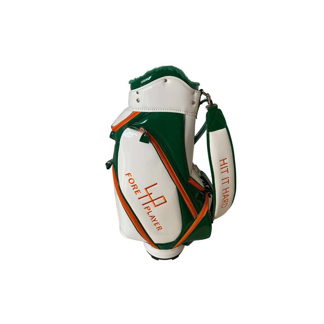 Unleash your individuality with FORE PLAYER's Eye-catching White, Green and Orange Golf bag - Make a statement with your gear!