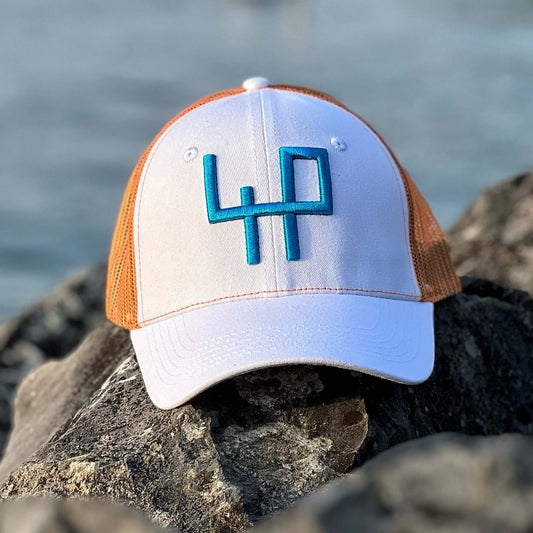 GENUINE SUMMER GOLF CAP - White front, blue embroidery and back label, orange mesh