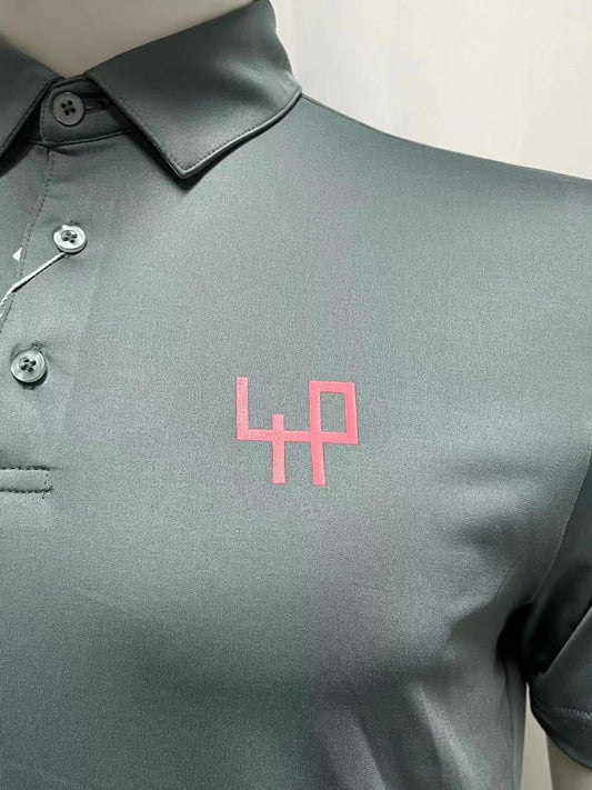 grey-polo-pink logo-left-shoulder-detail-front-view