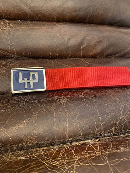 4P Red Golf Belt – Exclusive Limited Edition with Blue Metal Buckle