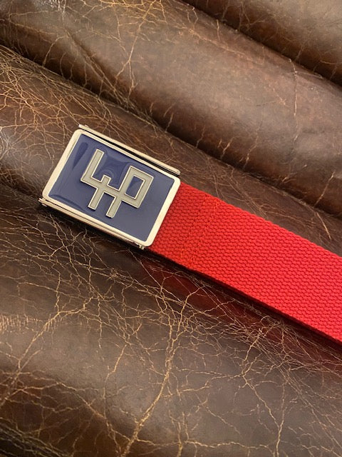 4P Red Golf Belt – Exclusive Limited Edition with Blue Metal Buckle