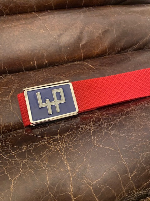 4P Red Golf Belt – Exclusive Limited Edition with Blue Metal Buckle
